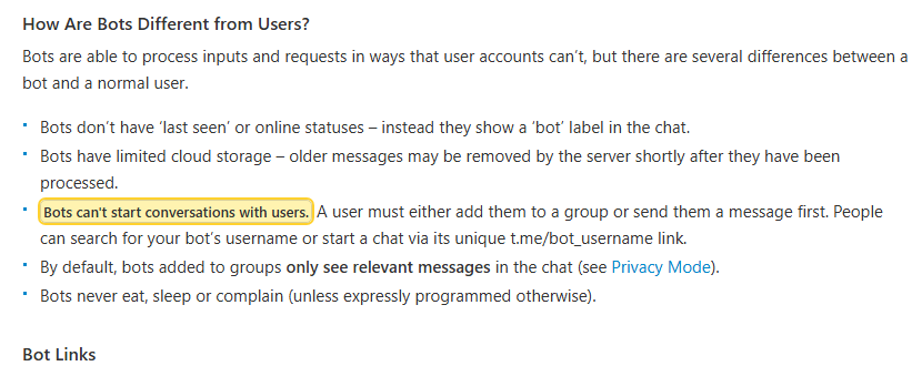 Скриншот официальной документации Telegram для разработчиков ботов, раздел How Are Bots Different from Users: выделена фраза Bots can't start conversations with users, то есть боты не могут начинать разговор с пользователями; ниже пояснение, что пользователь должен сам добавить бота в группу или написать ему первым, найдя его по имени или по ссылке t.me