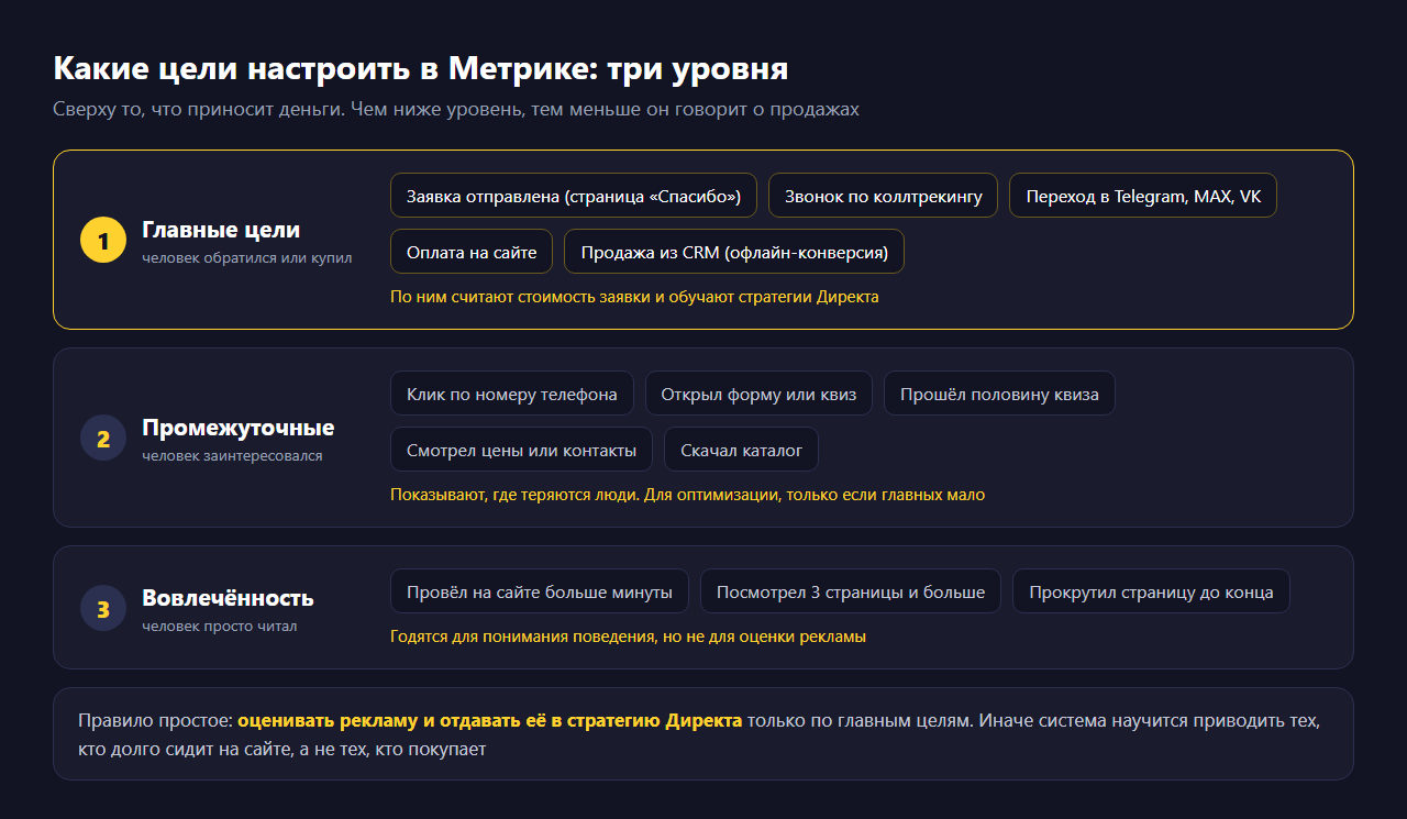 Схема «Какие цели настроить в Метрике: три уровня»: главные цели, когда человек обратился или купил, это заявка с переходом на страницу Спасибо, звонок по коллтрекингу, переход в Telegram, MAX или VK, оплата на сайте и продажа из CRM; промежуточные цели, когда человек заинтересовался, это клик по телефону, открытие формы или квиза, просмотр цен; вовлечённость, когда человек просто читал, это время на сайте, глубина просмотра и прокрутка; оценивать рекламу и обучать стратегии Директа нужно только по главным целям