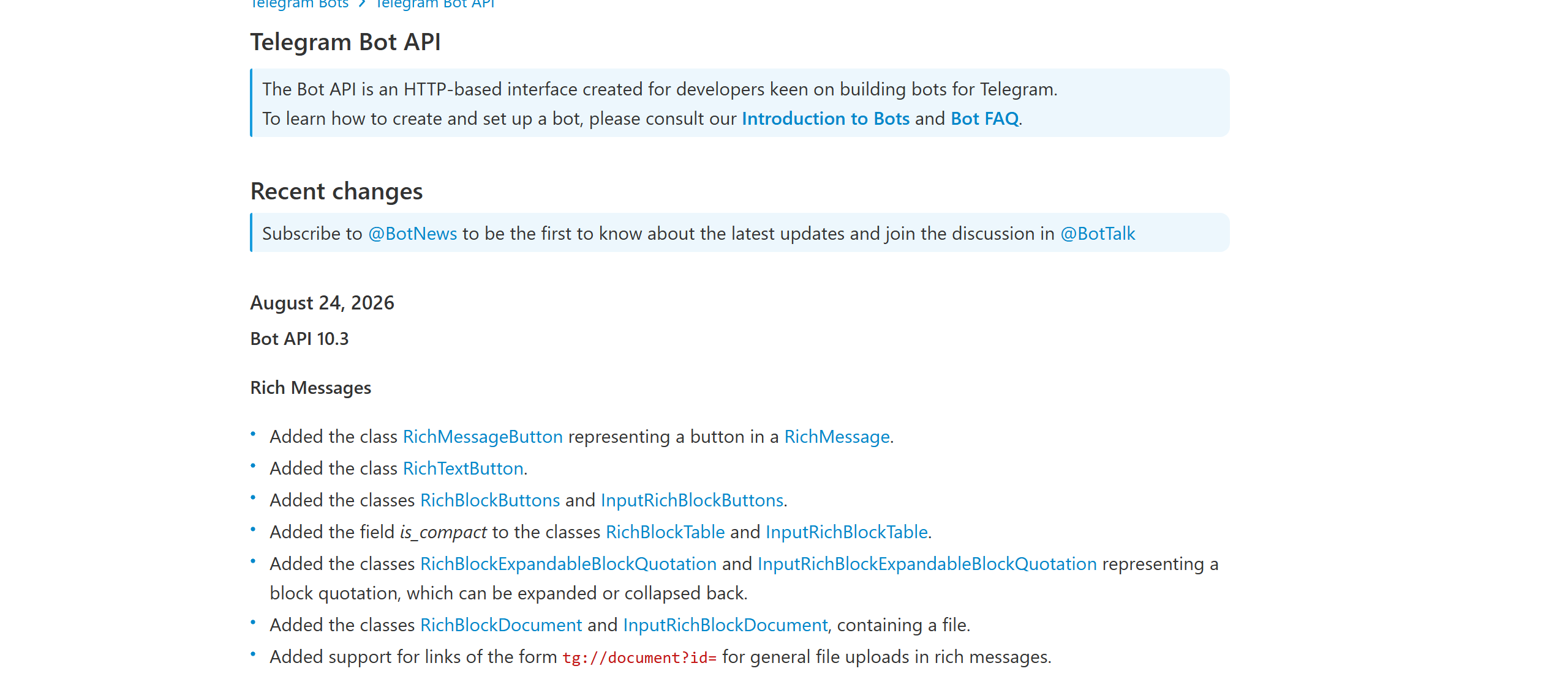 Скриншот официальной документации Telegram Bot API на core.telegram.org: Bot API — HTTP-интерфейс для разработчиков ботов, список последних изменений, версия Bot API 10.3 от 24 августа 2026 года
