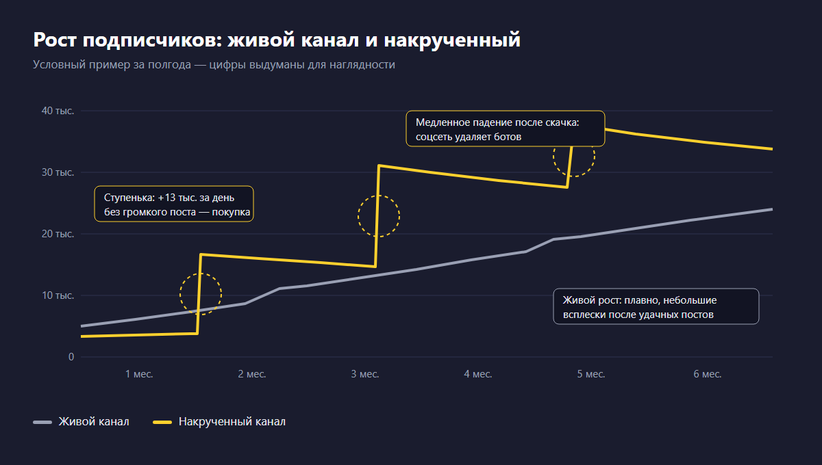 Условный график роста подписчиков двух блогеров за полгода: у живого канала плавный рост с небольшими всплесками после вирусных постов, у накрученного — ступеньки по несколько тысяч подписчиков за день и последующее медленное падение, когда соцсеть удаляет ботов