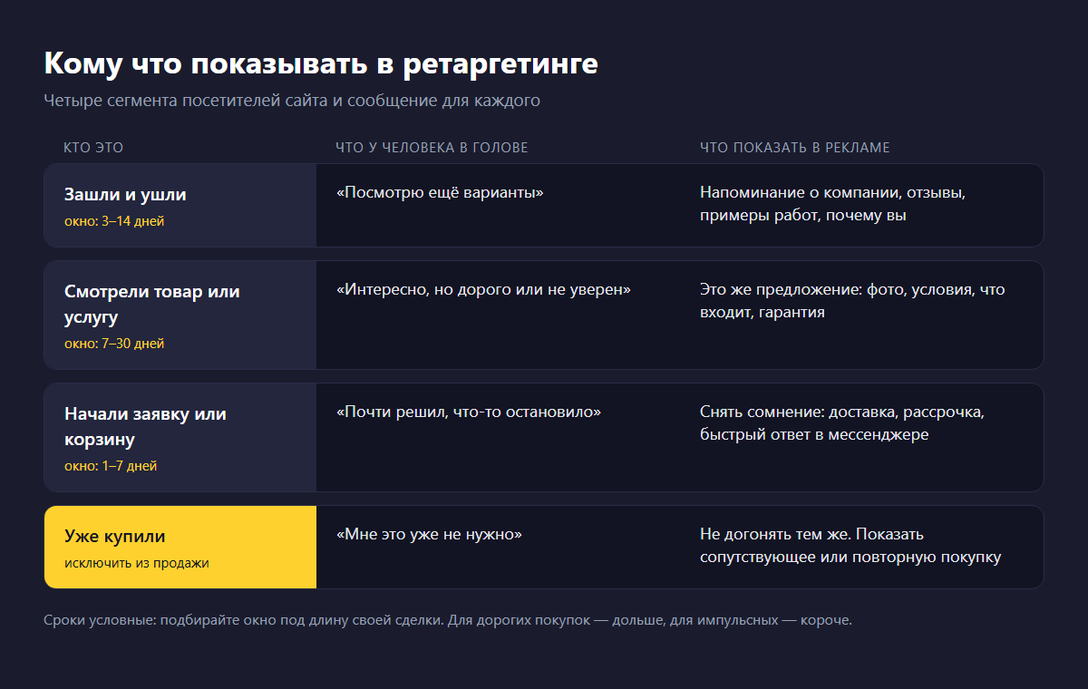 Схема «Кому что показывать в ретаргетинге»: четыре сегмента — зашли и ушли, смотрели товар или услугу, начали заявку или корзину, уже купили; для каждого указано, о чём думает человек, какое сообщение ему показать и примерный срок показа